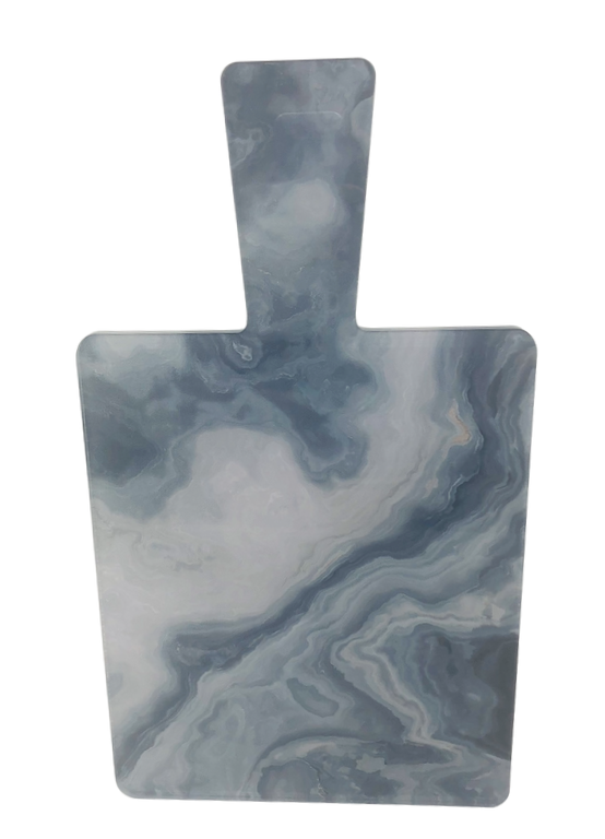 The Eye Candy Charcuterie Board Paddle | Smoky Illusion features a marble-inspired acrylic design with gray and white swirls, a top handle, and is perfect for serving cheese or entertaining guests.