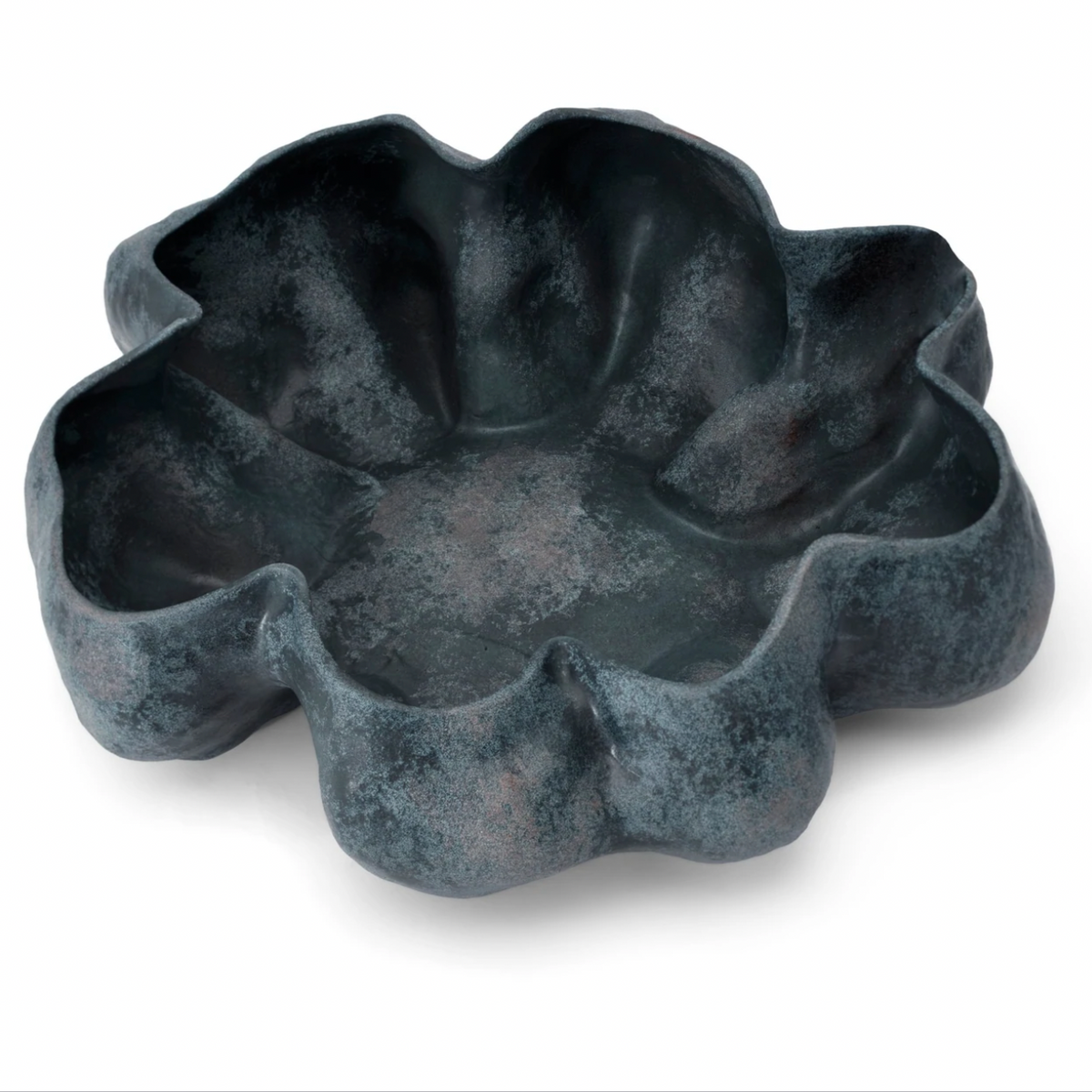 The Timna Bowl Blue by L’Objet is a shallow vessel crafted from dark stone, distinguished by its rough texture and uniquely irregular, flower-inspired silhouette with six petal-like sections—an artisanal design that echoes the elegance of a handmade porcelain vase and conjures images of treasures from King Solomon’s Mines.