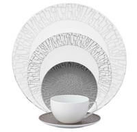 The Rosenthal Skin Platinum TAC 02 Dinnerware features modern geometric silver and gray patterns with platinum accents. The set includes a dinner plate, salad plate, bowl, cup, and saucer arranged in a nested display.