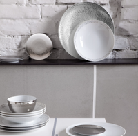 A modern table setting showcases stacked Rosenthal Skin Platinum TAC 02 Dinnerware—white porcelain with platinum accents and silver geometric patterns—on a white table before a brick wall and dark countertop with additional plates.