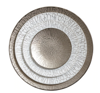 The Rosenthal Skin Platinum TAC 02 Dinnerware set features four nested porcelain plates with intricate geometric platinum and white designs, creating concentric circles that resemble a maze or circuit board radiating from the center.