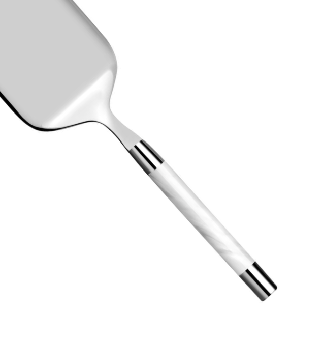 The Capdeco Conty Rectangle Server White features a wide, flat 18/10 stainless steel blade and a white marbled handle with metallic accents at both ends, displayed against a white background.
