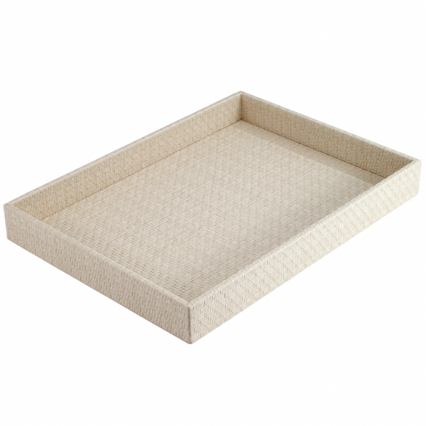 The Bodrum Wicker Rectangle Tray Cream has a simple, textured design with raised edges and an open top. Shown on a white background, this phthalate-free tray offers classic style in lightweight beige wicker.