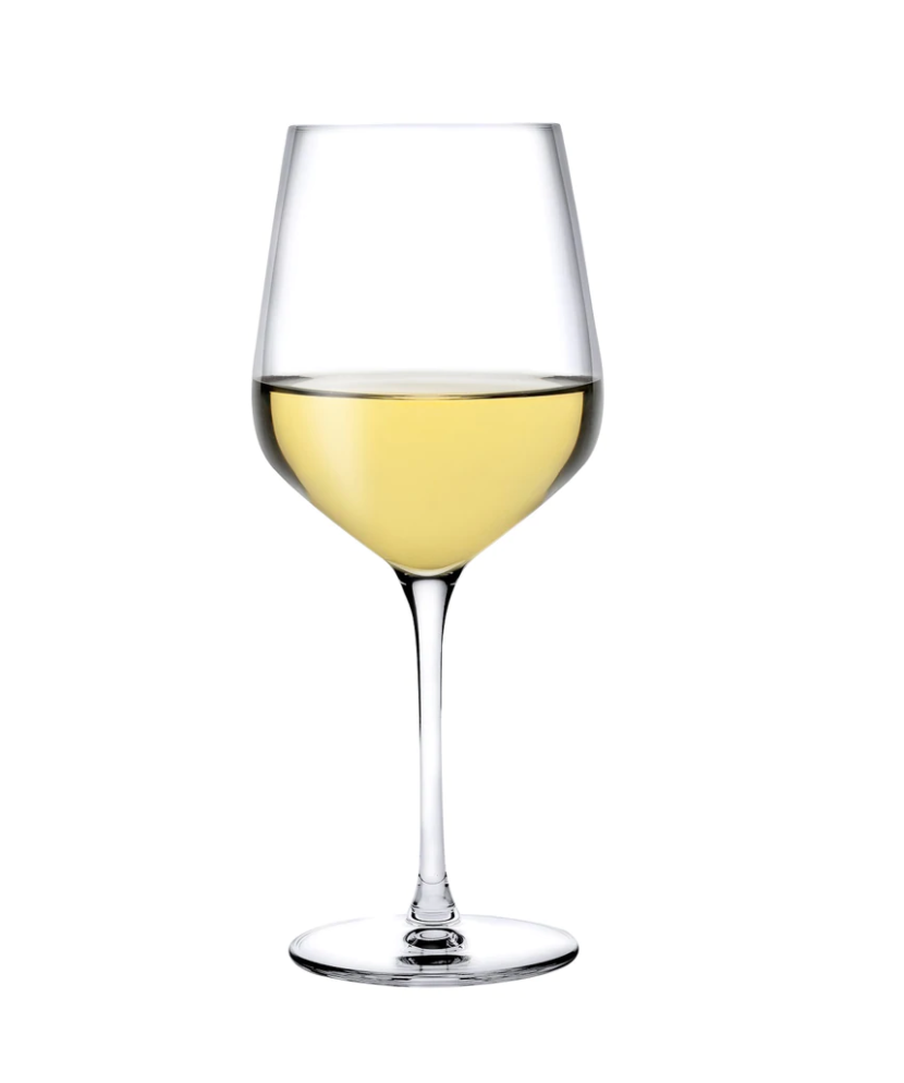 A clear Refine Glassware Set of 2 by Nude Glassware, each glass filled halfway with white wine, sits against a plain white background, highlighting the delicate craftsmanship.