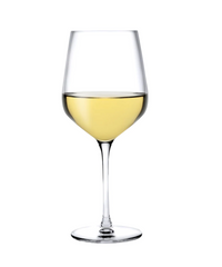 A clear Refine Glassware Set of 2 by Nude Glassware, each glass filled halfway with white wine, sits against a plain white background, highlighting the delicate craftsmanship.