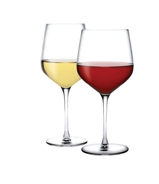 The Nude Glassware Refine Glassware Set of 2 features elegant, lead-free crystal wine glasses with long stems, shown on a white background—one with white wine and one with red, the white wine glass set slightly behind.