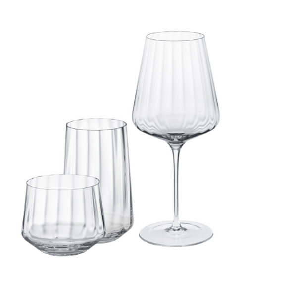 The Georg Jensen Bernadotte Glassware Set of 6 features clear, ribbed glasses in Scandinavian design—including short, tall, and stemmed styles—all elegantly displayed against a white background.