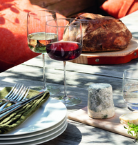 Two glasses of wine—one red, one white—served in the LSA Borough Barware Set of 4 rest on an outdoor table with rustic bread, blue cheese, plates, utensils atop a green napkin, and a glass of water.