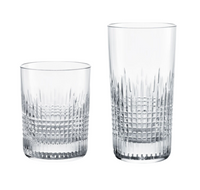 The Baccarat Nancy Barware Set of 2 features two clear, patterned crystal tumblers—a short, wide glass and a taller, slimmer one—displayed side by side on a white background.