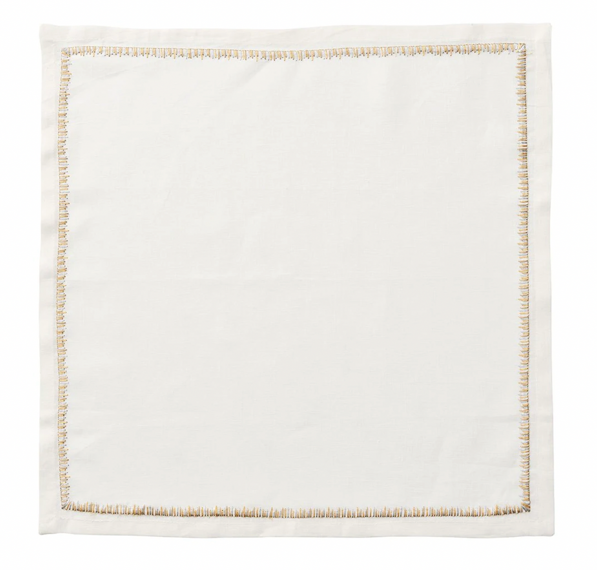 The Kim Seybert Filament Napkin Gold & Silver Set of 4 features white linen napkins with elegant gold stitched borders—ideal for festive table settings.