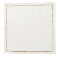 The Kim Seybert Filament Napkin Gold & Silver Set of 4 features white linen napkins with elegant gold stitched borders—ideal for festive table settings.