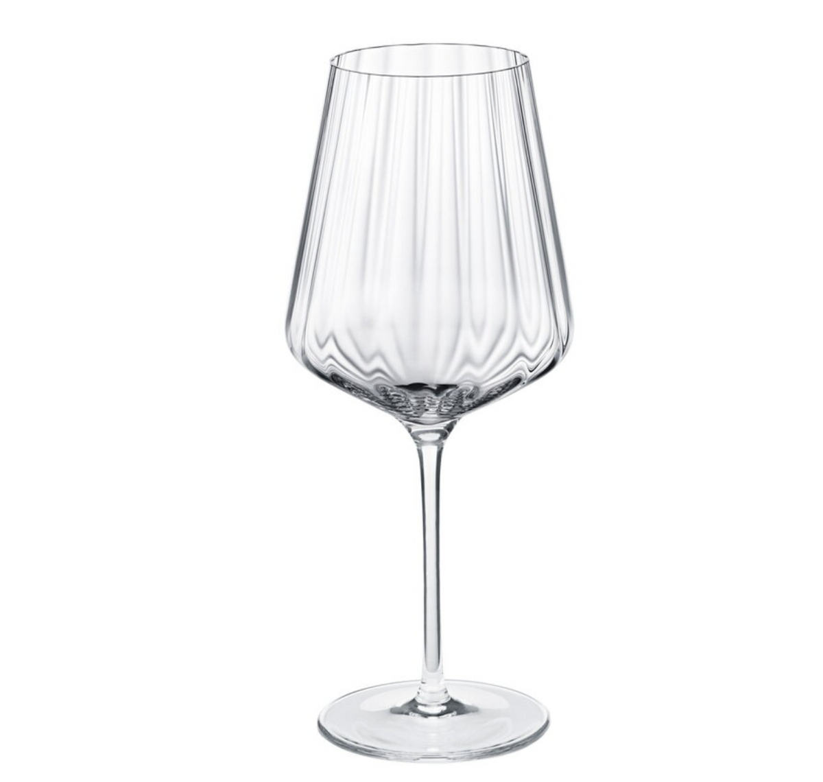 The Bernadotte Glassware Set of 6 by Georg Jensen features clear, lead-free crystal wine glasses with long stems and wide bowls, showcasing elegant Scandinavian design against a plain white background.
