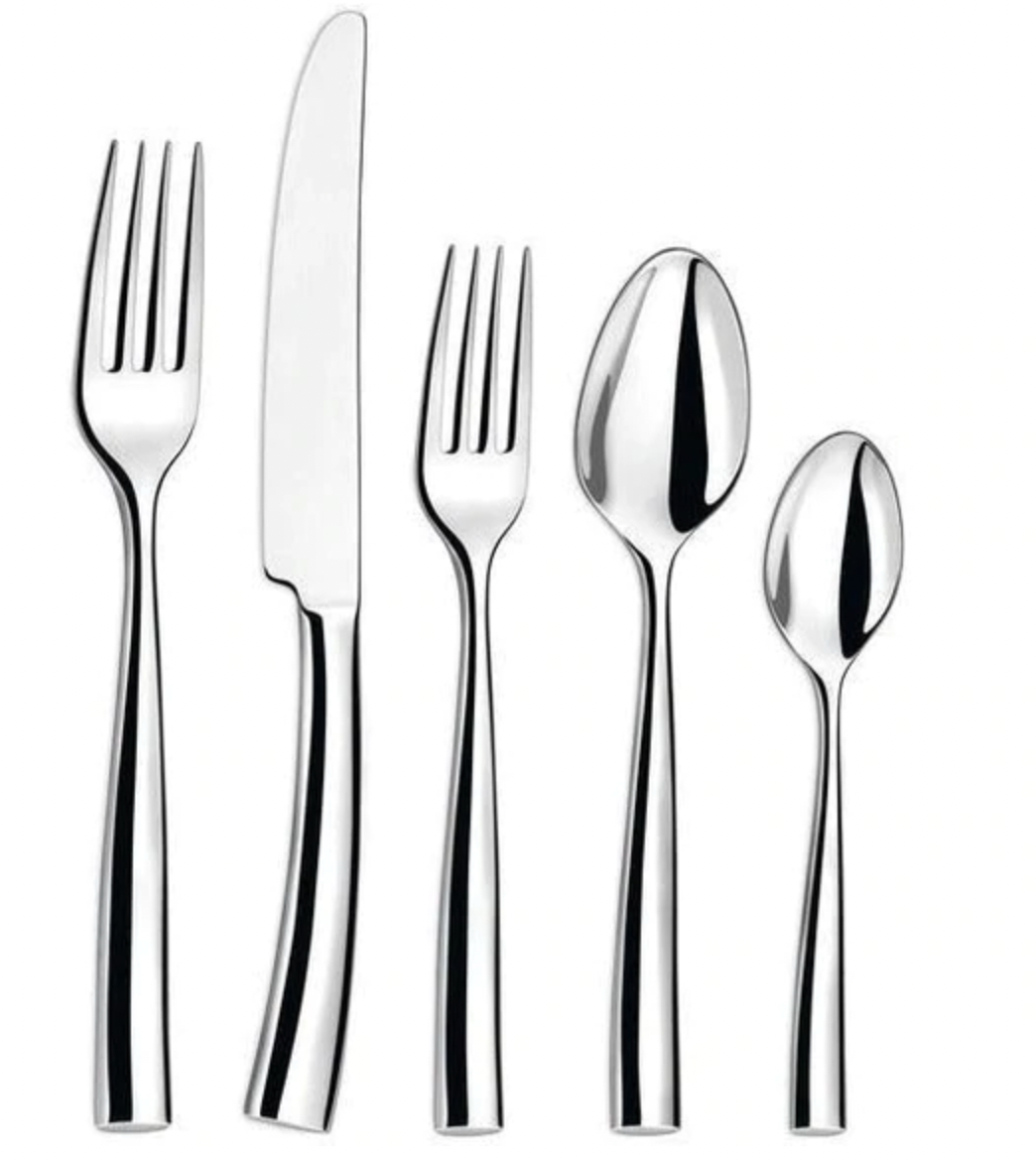 The Silhouette Flatware 5 Piece Setting by Couzon/DeVine Corp /MAISON3AMIS includes a dinner fork, knife, salad fork, soup spoon, and teaspoon in 18/10 stainless steel, arranged upright on a white background.