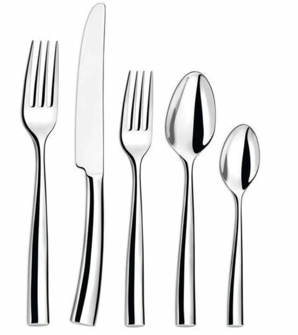 The Silhouette Flatware 5 Piece Setting by Couzon/DeVine Corp /MAISON3AMIS includes a dinner fork, knife, salad fork, soup spoon, and teaspoon in 18/10 stainless steel, arranged upright on a white background.