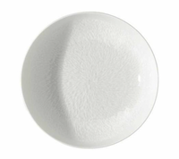 The Mineral Dinnerware Glazed White plate by Raynaud is a round, white Limoges porcelain plate with a subtle textured pattern radiating from the center and a smooth, glossy finish, shown from above.