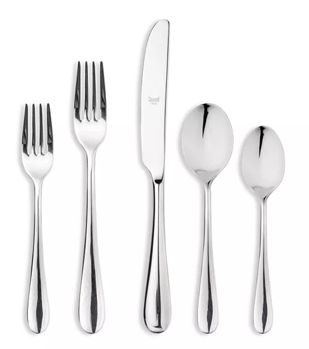 The Mepra Natura Flatware 5 Piece Setting in stainless steel, featuring two forks, a knife, and two spoons, is displayed on a white background.