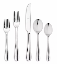 The Mepra Natura Flatware 5 Piece Setting in stainless steel, featuring two forks, a knife, and two spoons, is displayed on a white background.