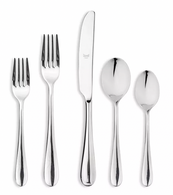 The Mepra Natura Flatware 5 Piece Setting in stainless steel, featuring two forks, a knife, and two spoons, is displayed on a white background.