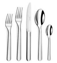 The Alkaline Flatware 5 Piece Setting by Couzon/DeVine Corp /MAISON3AMIS includes two forks, a knife, large spoon, and small spoon—each crafted from 18/10 stainless steel with sleek, modern handles.