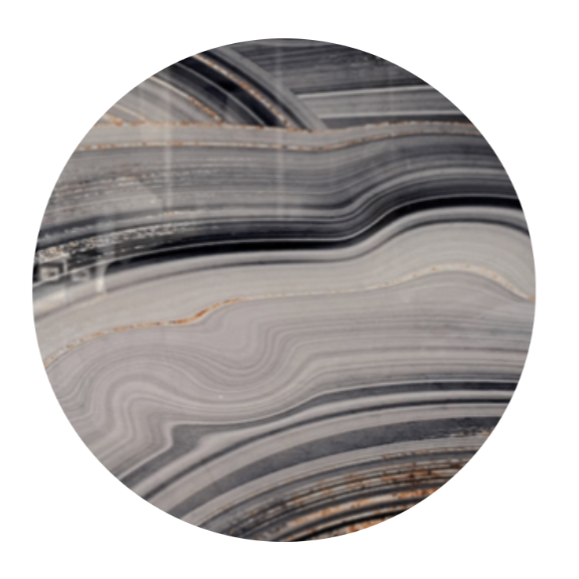 A circular image with layered, wavy gray and black patterns—resembling agate—inspires the Eye Candy Lazy Susan Acrylic Black Slice, ideal for adding a modern touch to your tabletop or as an elegant countertop organizer.