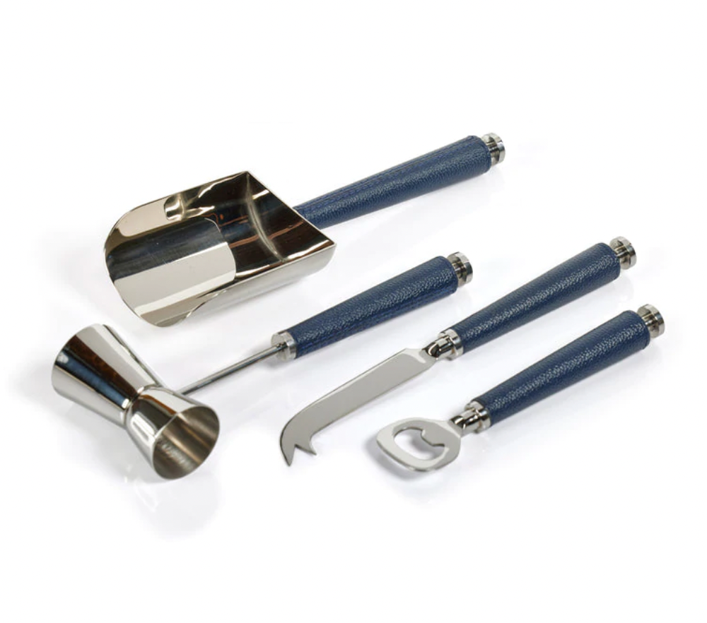 The Zodax Laguna Tool Bar Set includes four bar tools—scoop, double-sided jigger, cheese knife, and bottle opener—with blue textured handles and navy leather wrap, a stylish complement to your nickel bar accessories.