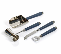 The Zodax Laguna Tool Bar Set includes four bar tools—scoop, double-sided jigger, cheese knife, and bottle opener—with blue textured handles and navy leather wrap, a stylish complement to your nickel bar accessories.