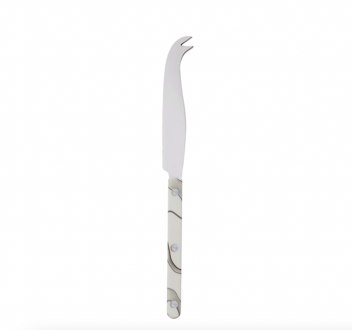 The Sabre Dune Bistrot Cheese Knife Ivory features a curved stainless steel blade, forked tip, and an ivory handle with a wavy gray pattern—an elegant addition to your French restaurant flatware collection, shown on a white background.