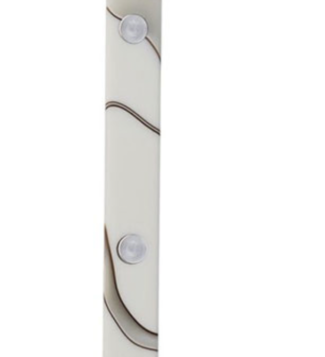 A white rectangular wall sconce with wavy brown lines and two round lights, echoing the refined aesthetic of Sabre’s Dune Bistrot Cheese Knife Ivory.