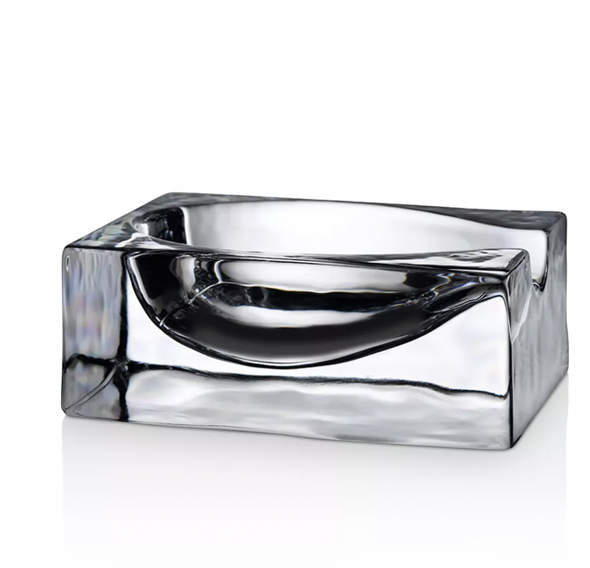 The Nude Glassware Glass Modern Spoon Rest features a clear, rectangular lead-free crystal design with smooth, curved edges and a shiny finish, shown on a white background.