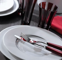 A close-up of a white Seychelles Dinnerware plate by Philippe Deshoulieres with a fork and knife crossed on top, both with red handles. Two dark-tinted glasses and a folded red napkin rest on the dark table in the background.