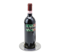 A bottle of red wine labeled Saetta stands upright on the MATCH Antique Bottle Coaster by MATCH, handcrafted from lead-free pewter in Italy, set against a white background.
