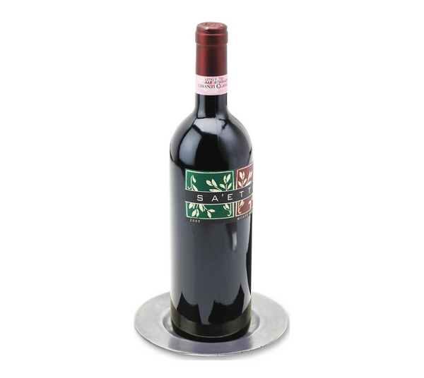 A bottle of red wine labeled Saetta stands upright on the MATCH Antique Bottle Coaster by MATCH, handcrafted from lead-free pewter in Italy, set against a white background.