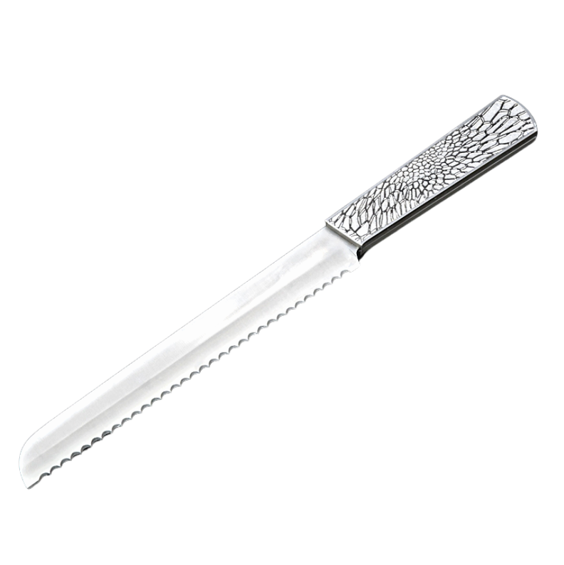 The Metalace Art Organic Lace Challah Knife Silver features a serrated stainless steel blade and a textured handle with an elegant lace pattern, shown on a white background—an ideal choice for a wedding gift.