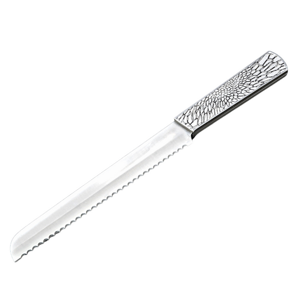 The Metalace Art Organic Lace Challah Knife Silver features a serrated stainless steel blade and a textured handle with an elegant lace pattern, shown on a white background—an ideal choice for a wedding gift.