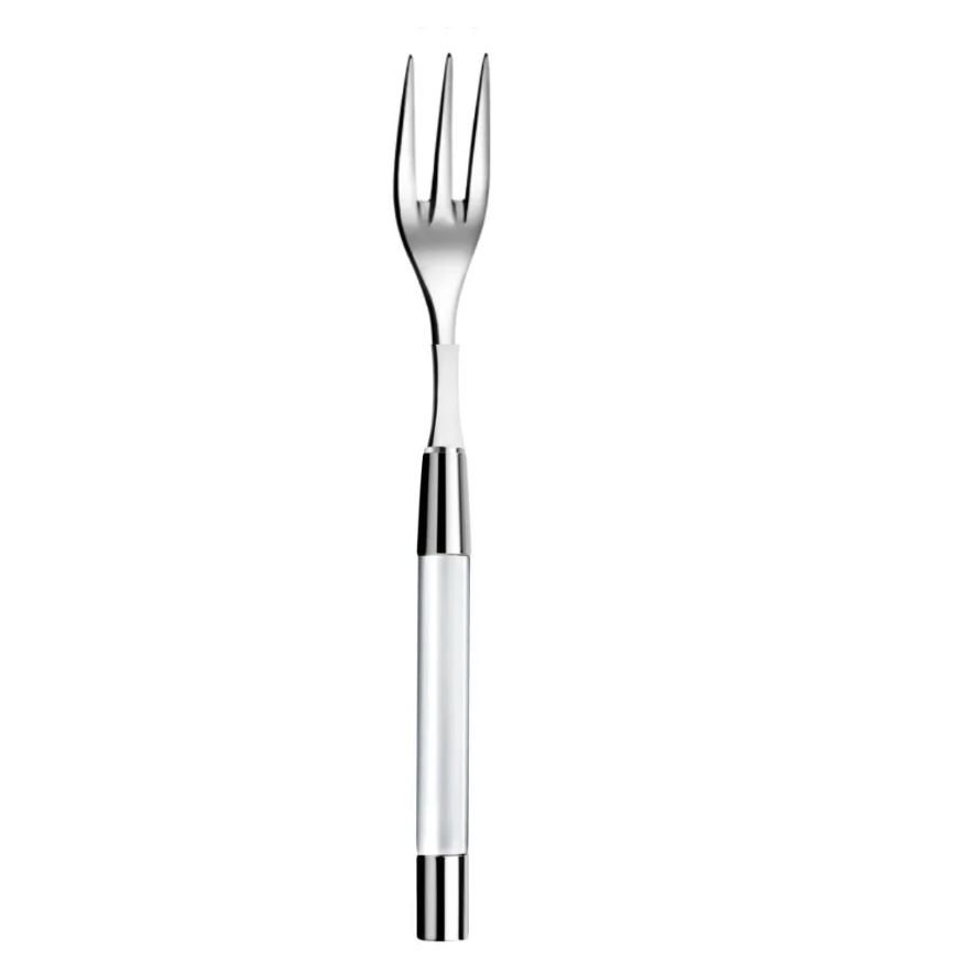 The Capdeco Zoe Serving Fork features three sharp stainless steel tines and a shiny handle. Dishwasher safe for easy cleaning, it's perfect for elegant serving and is shown upright against a plain white background.