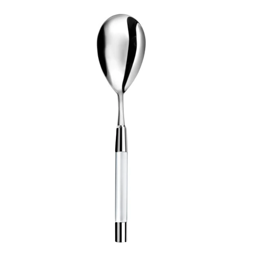 The Capdeco Zoe Rice Server features a shiny silver finish and a modern white-and-silver striped handle, creating a sleek look that’s dishwasher safe.