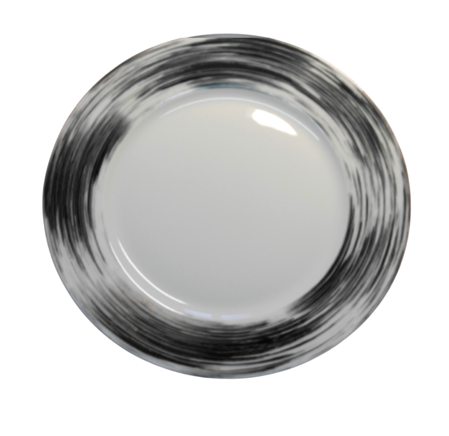 The Poc A Poc Shanghai Dessert and Salad Plate Coupe Platinum features a round white design with black and gray brushstroke rim, in hand-painted style, shown on a white background.