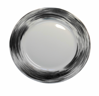 The Poc A Poc Shanghai Dessert and Salad Plate Coupe Platinum features a round white design with black and gray brushstroke rim, in hand-painted style, shown on a white background.