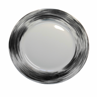 The Shanghai Dessert and Salad Plate Coupe Platinum by Poc A Poc features a round white porcelain design with a glossy finish and platinum brushstroke accents, offering a modern twist on classic dinnerware.