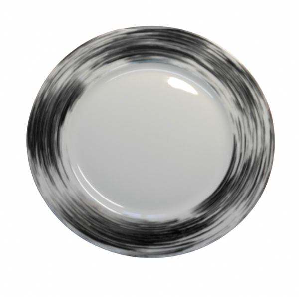 The Shanghai Dessert and Salad Plate Coupe Platinum by Poc A Poc features a round white porcelain design with a glossy finish and platinum brushstroke accents, offering a modern twist on classic dinnerware.