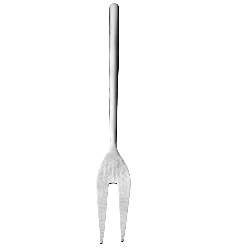The Mary Jurek Versa Meat Serving Fork features two long, pointed tines and a smooth handle. Part of the Versa serving pieces collection, it’s shown vertically against a white background.