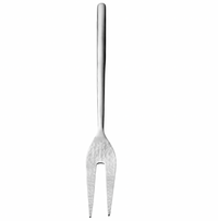 The Mary Jurek Versa Meat Serving Fork features two long, pointed tines and a smooth handle. Part of the Versa serving pieces collection, it’s shown vertically against a white background.