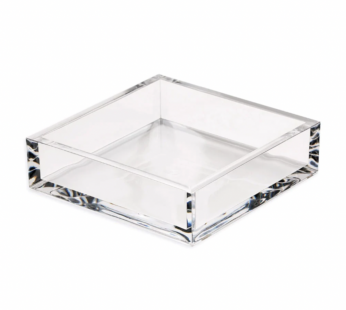 The Caspari Acrylic Cocktail Napkin Holder features a clear, square design with straight sides and a flat bottom—perfect for displaying cocktail napkins or gifting as an elegant hostess accessory.