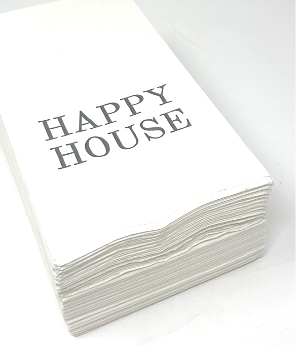 The Print Appeal Guest Hand Towel Pack features white paper hand towels with "HAPPY HOUSE" boldly printed on top—ideal for guest towel holders.
