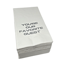 The Print Appeal Guest Hand Towel Pack Favorite Guest features white hand towels with "YOU’RE OUR FAVORITE GUEST" in bold black letters—ideal for displaying in an acrylic guest towel holder.