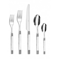The Capdeco Conty Flatware 5-Piece Setting - White features stainless steel utensils—two forks, a knife, a large spoon, and a small spoon with white handles—arranged upright on a white background.