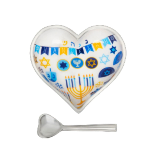 Inspired Generations Hanukkah Heart Bowl with Spoon in polished aluminum, shaped like a heart and decorated with a menorah, dreidels, and Star of David, with a matching heart-shaped spoon.