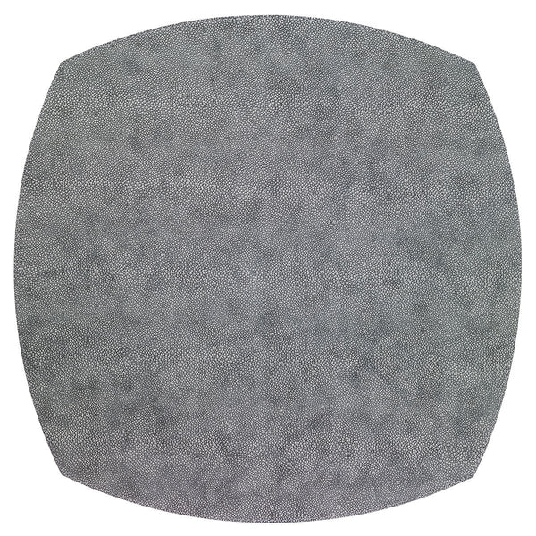 The Bodrum Stingray Elliptic Placemat Grey Set of 4 features large, nearly circular grey mats with subtly curved edges and dense, irregular white dot patterns on a white background. Crafted from phthalate-free vinyl.