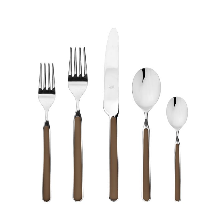 The Mepra Fantasia Flatware 5 Piece Set (available in 16 colors) includes two forks, a knife, a large spoon, and a small spoon with shiny tops and colored resin handles; all pieces are dishwasher safe.