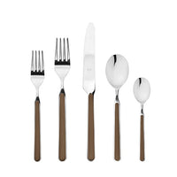 The Mepra Fantasia Flatware 5 Piece Set (available in 16 colors) includes two forks, a knife, a large spoon, and a small spoon with shiny tops and colored resin handles; all pieces are dishwasher safe.